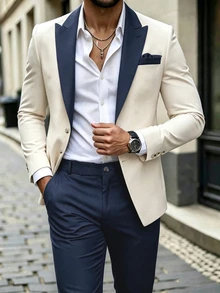 Manfinity Bizformal 男士綠色與白色春夏婚禮氛圍西裝套裝 - 藏蓝色 - 查看 1