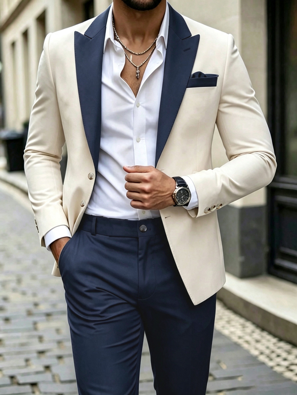 Manfinity Bizformal طقم بدلة رجالي أخضر وأبيض بأجواء زفاف للربيع/الصيف