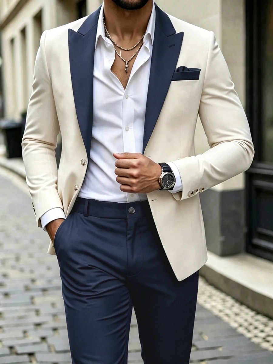 Manfinity Bizformal 男士綠色與白色春夏婚禮氛圍西裝套裝 - 藏蓝色 - 查看 1