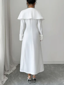 Elenzga Standard Size Women's French Lady Style White Cape Collar Long Overcoat With Faux Fur Sleeve Design, Elegant Overcoat - White - View 2