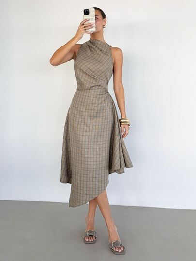 Siren Gaze Women's Plaid Pleated Casual Party Long Dress