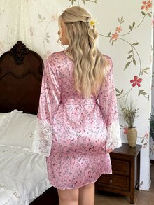 CottageSlumber Plus Size Lace Trim Patchwork Ditsy Floral Faux Silk Nightgown - Pink - View 2