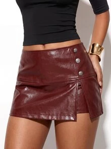 Avantive Fashion Commuter Dark Red Split PU Skort Halloween Night Clubbing Summer Sexy Burgundy - Burgundy - View 4