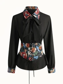 Balvessa Women's Tie-Neck Floral Print Casual Versatile Daily Wear Blouse - Black - View 7