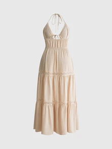 ROMWE Goth Plus Size Lace Patchwork Halter Neck Tie Strap Dress - Beige - View 2