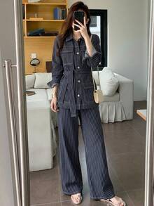 DAZY Teen Girl Button-Up Pocket Long Sleeve Jacket And Striped Long Pants Denim Set Fall - Dark Wash - View 8