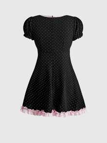 Sweetness Vintage Petal Sleeve Polka Dot Ruffle Sweet Lace Patchwork A-Line Mini Dress For Women - Black - View 2