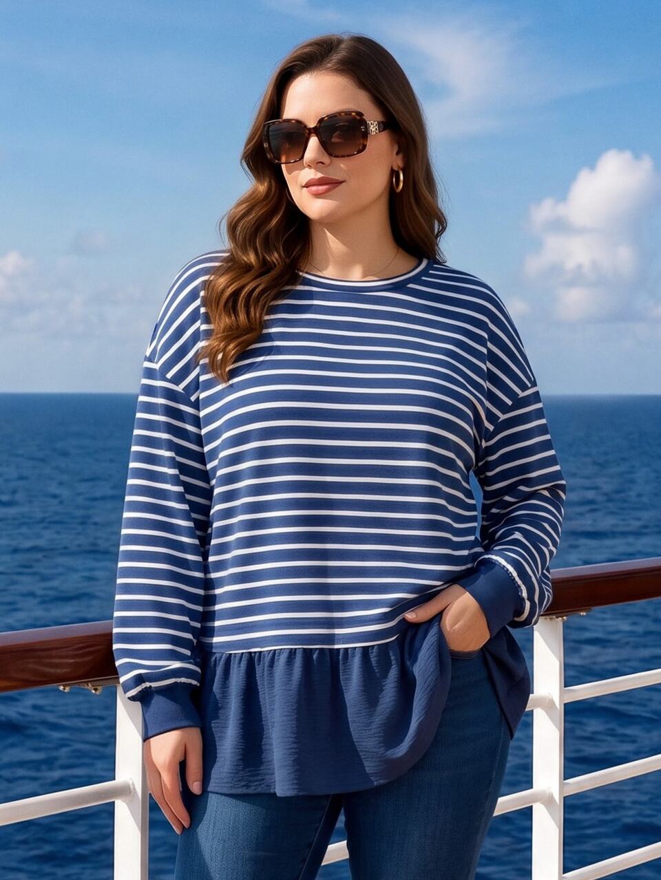 Plus Size Women Autumn/Winter Casual Vacation Blue Striped Patchwork Ruffle Hem Sweatshirt, Autumn/Winter ,Fall  Top,Going Out Outfits,Daily Wear