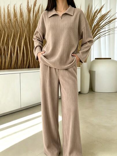 Zayélia Spring/Autumn Light Coffee Vertical Striped Lapel Long Sleeve 2-Piece Set Women Loose Casual Top Drape Wide Leg Long Pants Home Leisure Commute Outing Lazy Relaxed Outfit