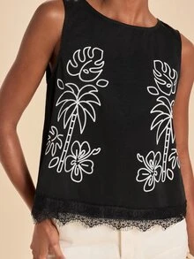 Travachic 女款花卉刺繡圖案休閒日常穿著上衣 - 黑色 - 查看 7