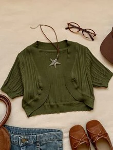 SHEIN EZwear 純色短袖短版針織開襟衫 - 軍綠色 - 查看 4