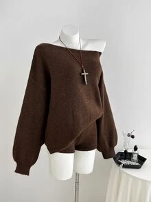 Elamini Women's Brown Casual Versatile Daily Commute Home Wear Fuzzy Asymmetric Neck Sweater 2 Pieces Set - Brown - View 4