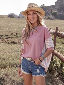 Wildy American Boho Tropical Casual Western Country Dusty Rose Women's Spring Summer Daily Basic Outfit Loose Top T-Shirt For Outing Vacation And Commuting - Mauve Purple - View 6