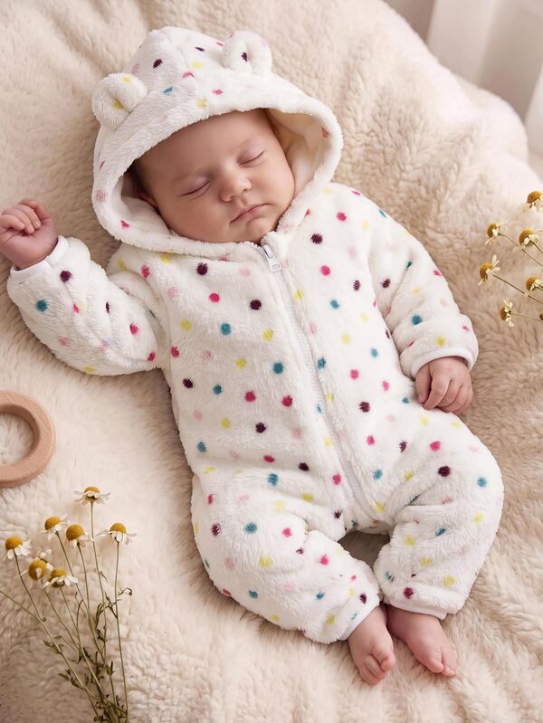 SHEIN Baby Girl Autumn/Winter Cute Fluffy Polka Dot Hooded Romper