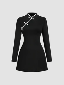 Sweetra Women's Sweetro Elegant Cheongsam Slim Fit Long Sleeve Short Dress - Black - View 1