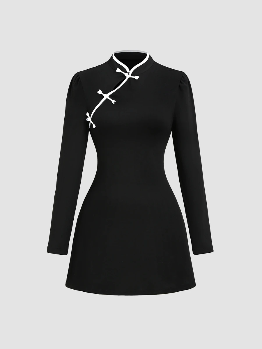 Sweetra Women's Sweetro Elegant Cheongsam Slim Fit Long Sleeve Short Dress - Black - View 1