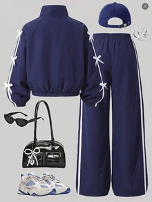 SHEIN 2件組時尚休閒女款/青少年新款蝴蝶結白色飾邊拉鍊立領夾克與白色飾邊小字母裝飾寬鬆版型... - 藍色 - 查看 2