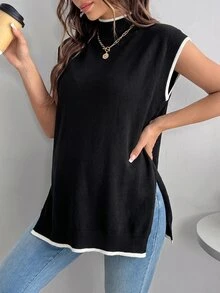 SHEIN 孕婦秋冬休閒拼接飾邊側開衩針織背心 - 黑與白 - 查看 4