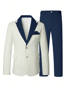 Manfinity Bizformal 男士綠色與白色春夏婚禮氛圍西裝套裝 - 藏蓝色 - 查看 5