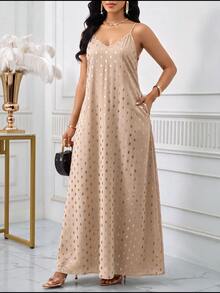 SHEIN Lady 女款波點休閒派對細肩帶長洋裝 - 卡其色 - 查看 5