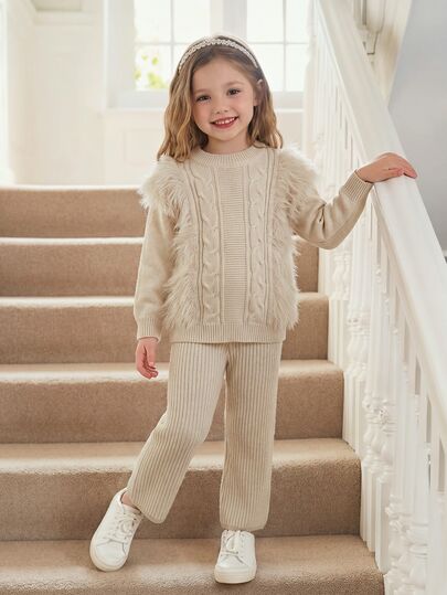 SHEIN Genkimix Kids Fashionable Knit 2-Piece Set Autumn/Winter Girls Round Neck Fuzzy Pullover Sweater With Twisted Rope Long Sleeve Top And Knit Pants, Casual Warm Comfortable Winter Outfit Suitable For Daily Wear