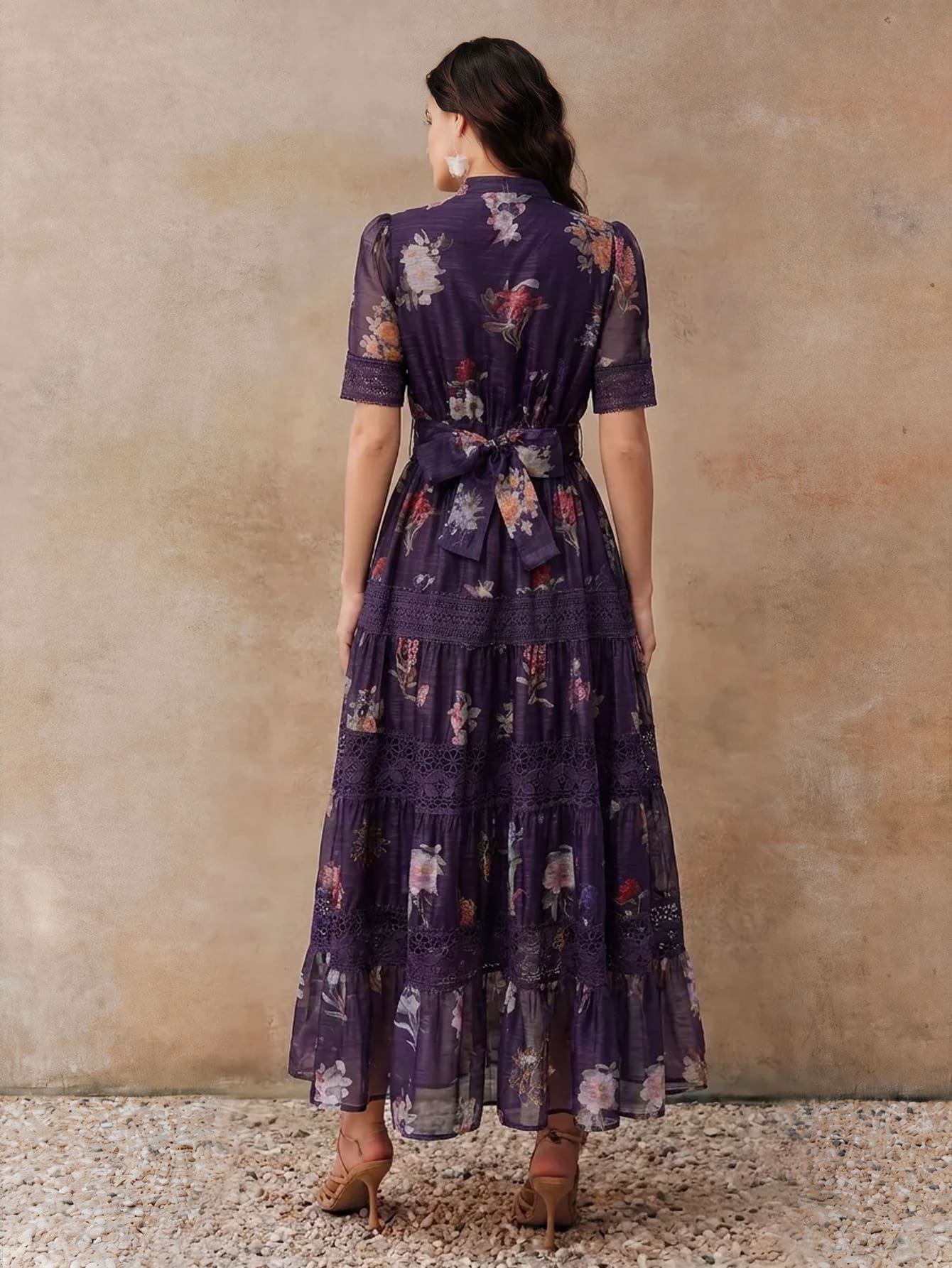 Elegant Cinched Waist Full Skirt Colorful Spring/Summer Floral Pattern Design Heavy Embroidery Patchwork Lace Trim Women's Long Dress