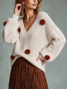 LUMIGAL Women's Casual 3D Pom Pom Decor Sweater, Autumn/Winter - Apricot - View 4