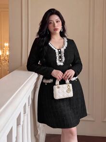 Vibekara Autumn/Winter New French Elegant Lady Style Luxury V-Neck Heavy Embroidery Patchwork Lace Slim Fit Long Sleeve Dress For Women Fall - Black - View 6