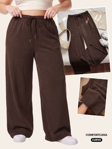 Comfortcana Autumn/Winter Black & White Striped Casual Versatile Drawstring Plus Size Pants - Brown - View 8