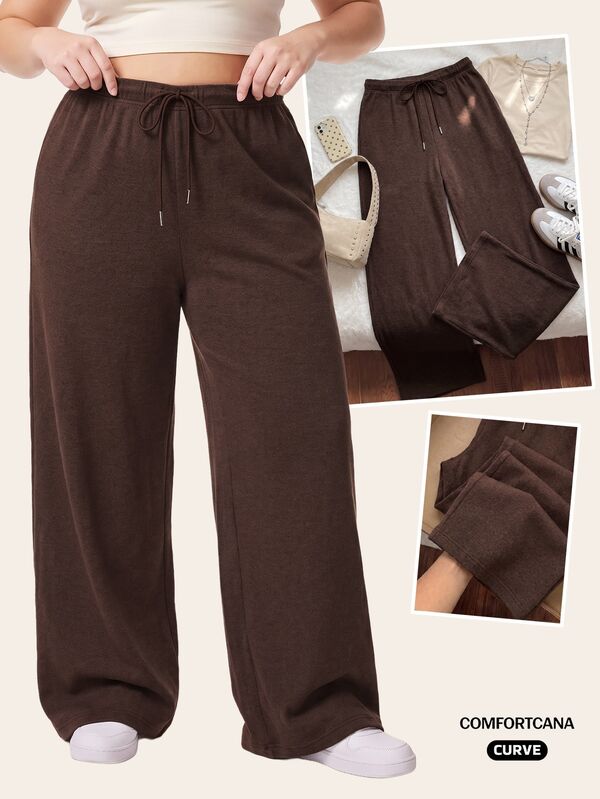 CovetEZ Autumn/Winter Black & White Striped Casual Versatile Drawstring Plus Size Pants