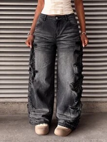 StreetHx Women's Fashion Casual Grunge Streetwear Distressed Vintage Retro Straight Leg Jeans Music Rave Dark Grey Going Out Fall - Grey - View 2