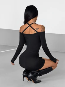 StreetHx Women's Off-Shoulder Criss-Cross Strap Metal Ring Decor Bodycon Mini Dress - Black - View 2