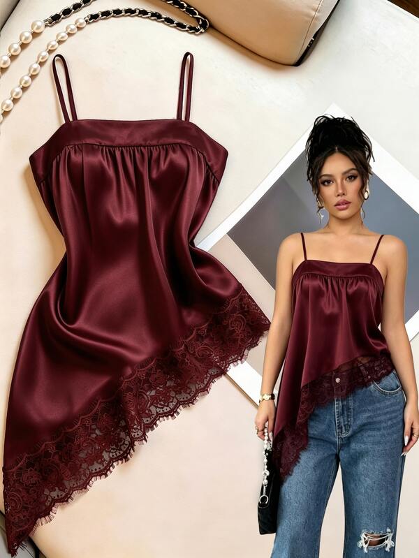 SHEIN Franclia Women's Solid Color Lace Trim Asymmetrical Hem Elegant Camisole