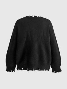 ROMWE Grunge Punk Dark Punk Cross Jacquard Distressed Raw Edge Loose Fit Crew Neck Pullover Sweater - Black - View 2