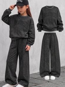Girlism 兒童青少年女孩連帽衫與運動衫套裝 休閒學院街頭風 雪花印花寬鬆運動衫套裝 返校季適用 全季節適用 - 黑色 - 查看 1