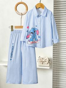 Souflis Children's Spring/Autumn Light Blue Striped Outfit, Minimalist & Exquisite, Fresh & Fashionable, Shirt With Black Horse Logo Decoration, Suitable For Daily Wear And Gatherings - Blue - View 1