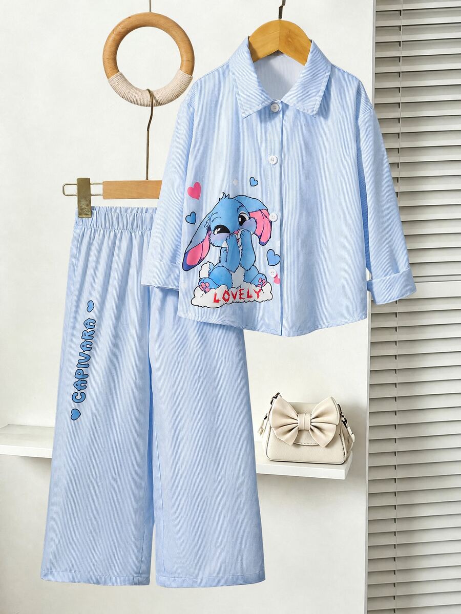 Souflis Children's Spring/Autumn Light Blue Striped Outfit, Minimalist & Exquisite, Fresh & Fashionable, Shirt With Black Horse Logo Decoration, Suitable For Daily Wear And Gatherings - Blue - View 1