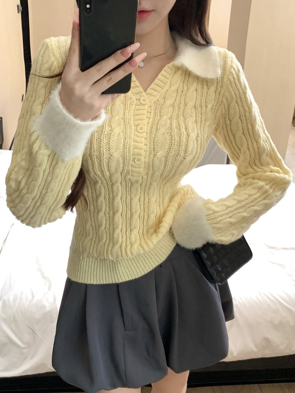 Women's Contrast Color Lapel Long Sleeve Button Half-Placket Casual Sweater Fall