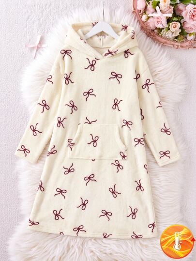 1pc Women's Plush Hooded Nightgown, Sweet Style Burgundy Bow Print Cream White Plush Fabric Loose Large Pocket Long Home Sleepwear Dress (1pc Sold Separately)