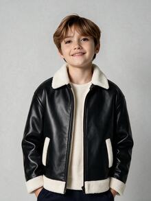 SHEIN 兒童青少年男孩休閒運動街頭風抓絨內裡加厚拼接撞色黑色皮革機車夾克外套，舒適日常百搭時尚復古風，適合通勤上學日常休閒度假旅行運動，秋冬款 - 黑色 - 查看 6
