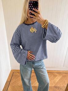 SHEIN EZwear 海外長袖海軍藍與淺藍條紋襯衫，秋季上衣，適合日常通勤、聚會、秋冬春夏、聖誕節、新年、感恩節、派對、婚禮、海灘、畢業典禮、優雅、外出、約會、通勤、情人節、優雅、度假、Y2K、畢業典禮等場合 - 彩色 - 查看 5