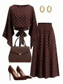 SHEIN Clasi Women's Polka Dot Bell Sleeve Top And Skirt Fashion Set - Mocha Brown - View 1