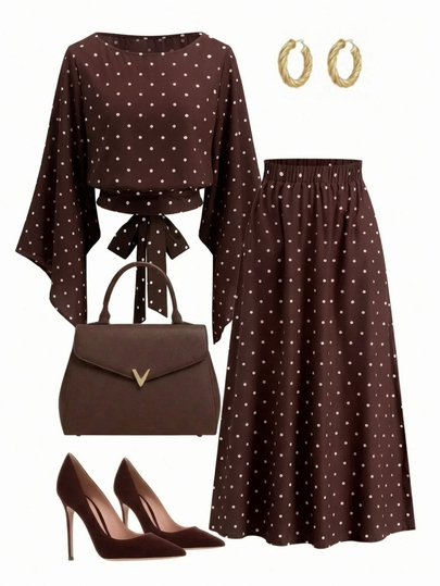 SHEIN Clasi Women's Polka Dot Bell Sleeve Top And Skirt Fashion Set