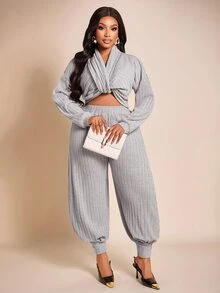 Brilight Grey Ribbed Knit 2 Pieces Loungewear Set V Neck Long Top High Waist Jogger Pants For Daily Lounge Str - Grey - View 11