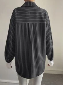 Livesso Autumn Spring Loose Business Casual Style 2 In 1 Color Block Patchwork Fine Stripe Design Asymmetric Placket Fashion Street Commute Elegant Women's Blouse - Grey - View 2