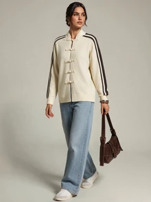 SHEIN Tall New Chinese Style Frog Button Cardigan Jacket (Stand Collar Long Sleeve) - Apricot - View 3