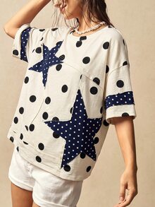 Bohemela Women's Polka Dot Print Star Patchwork T-Shirt - Multicolor - View 4