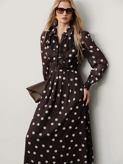 Aveloria Modichic Dress Waisted Chiffon Ruffle V-Neck Shirt Collar Cuffed Long Sleeve Vintage Elegant Brown Polka Dot Elegant Long Dress Thanksgiving
