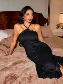 Slumberist Gaun Tidur Wanita Seksi dengan Patchwork Renda, Leher Halter, Tanpa Punggung, dan Belahan Tinggi - Hitam - View 7