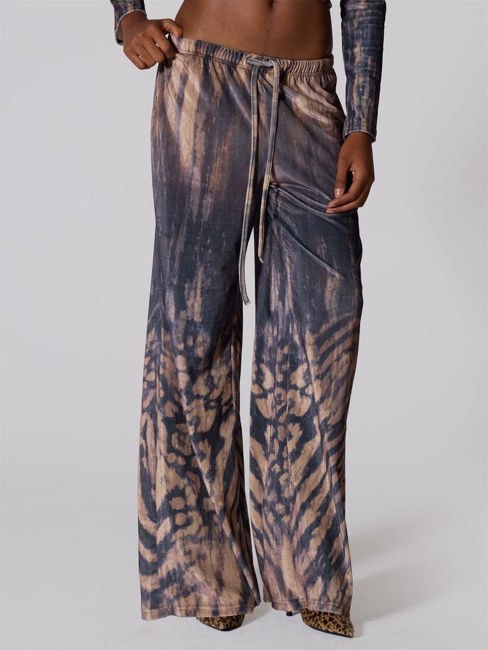 Brown Printed Velour Wide Leg Pants